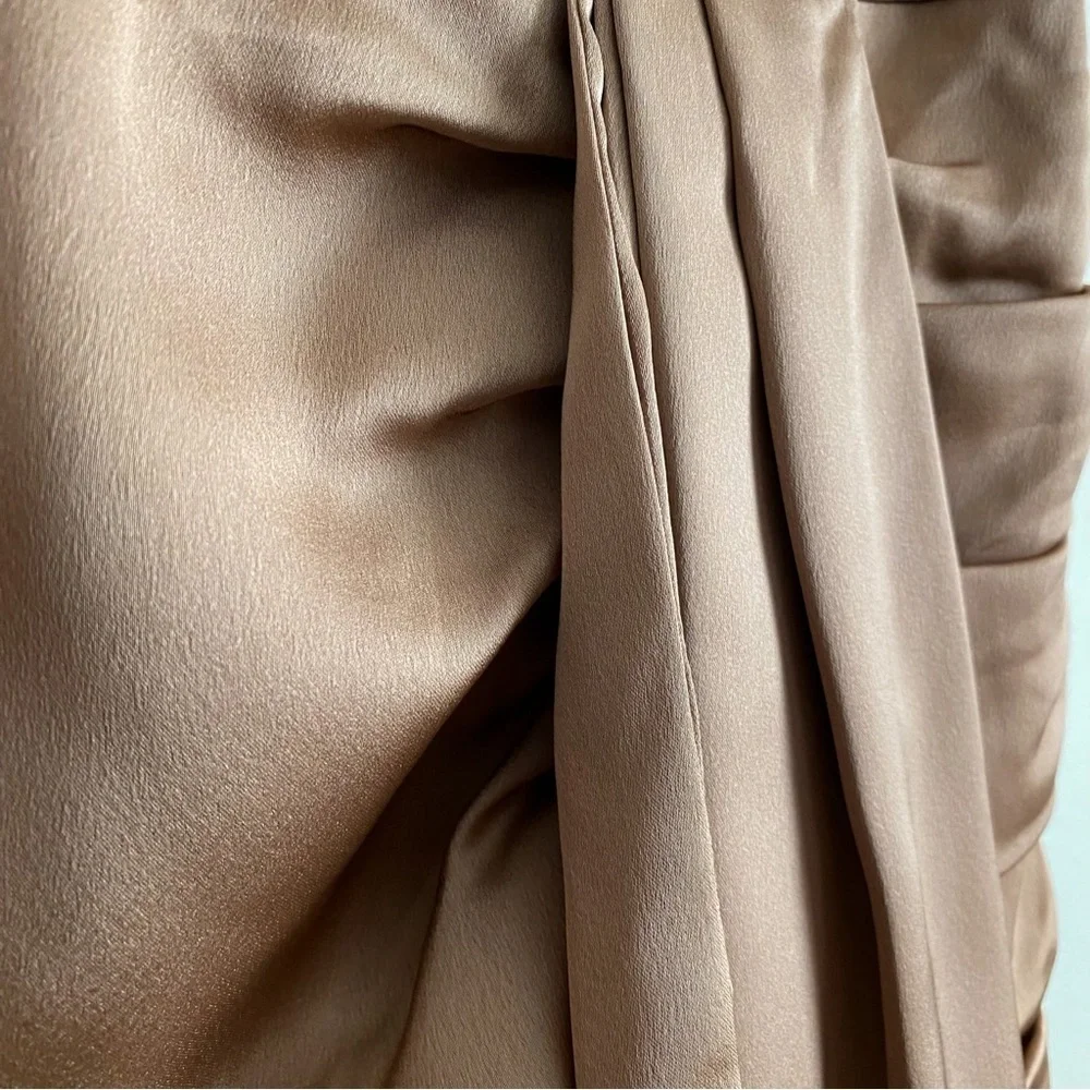 Bronze Satin Mini Cocktail Party Dress Wedding Draped Sash Cowl Ruch Sexy NYE 12